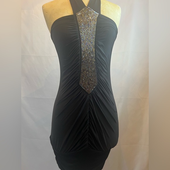 BLACK BEADED HALTER MINI DRESS SIZE SMALL FASHION EXIT - Picture 2 of 5